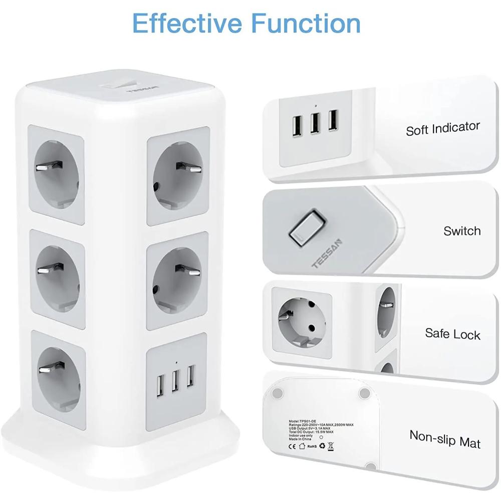 Ultimate Tower Power Strip – 11 Outlets & 3 USB Ports for All Your Devices!